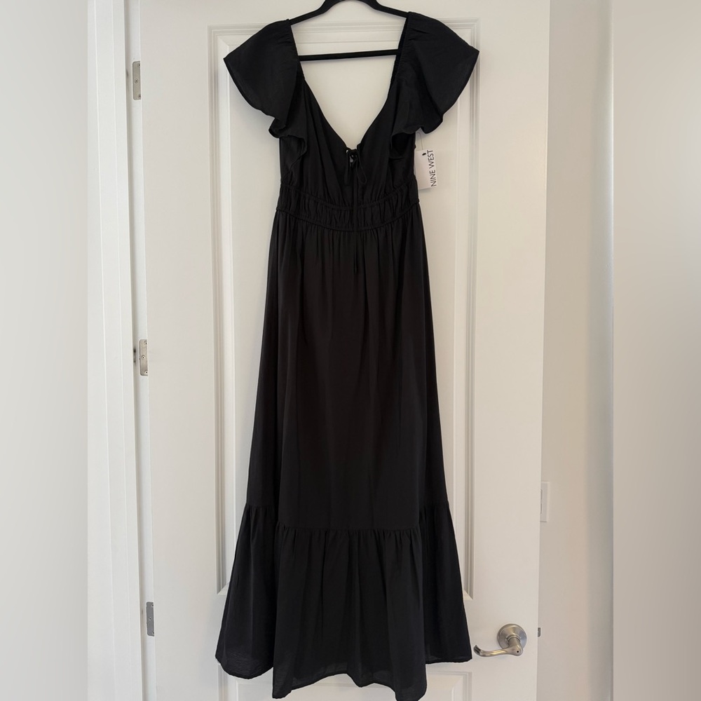 Nine West Black Ruffle-Shoulder Maxi Dress